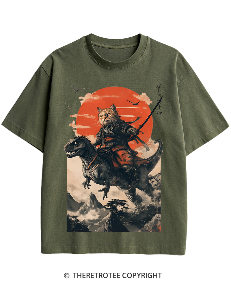 TheRetroTee Samurai Cat Riding A Dinosaur 2010s Cotton T-Shirt