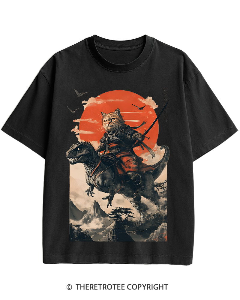 TheRetroTee Samurai Cat Riding A Dinosaur 2010s Cotton T-Shirt