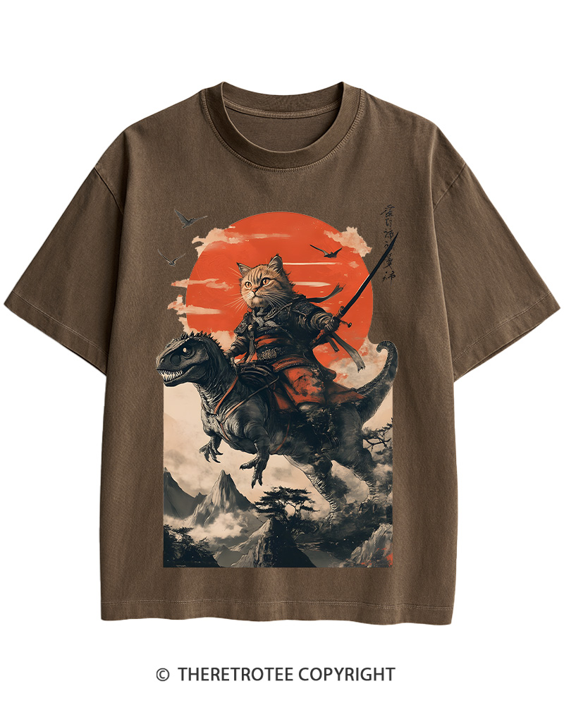 TheRetroTee Samurai Cat Riding A Dinosaur 2010s Cotton T-Shirt