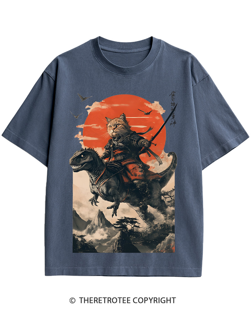 TheRetroTee Samurai Cat Riding A Dinosaur 2010s Cotton T-Shirt