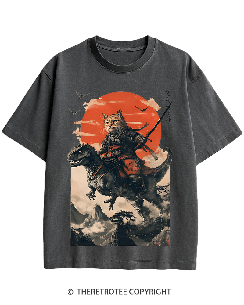TheRetroTee Samurai Cat Riding A Dinosaur 2010s Cotton T-Shirt