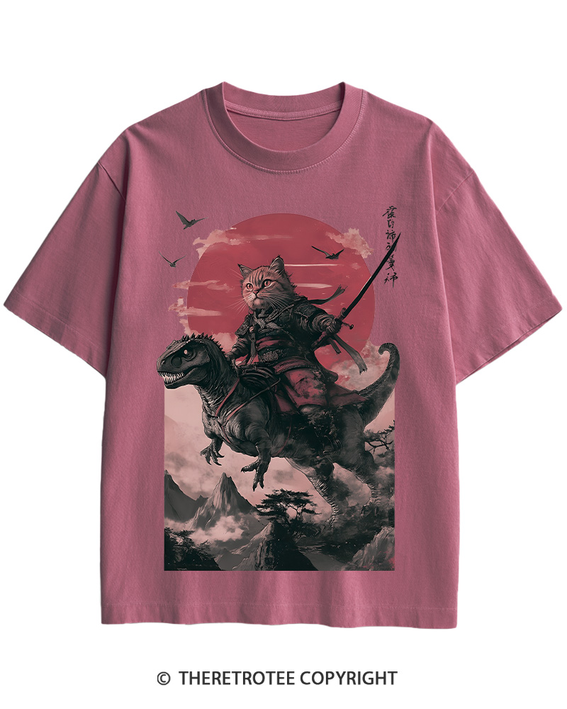 TheRetroTee Samurai Cat Riding A Dinosaur 2010s Cotton T-Shirt