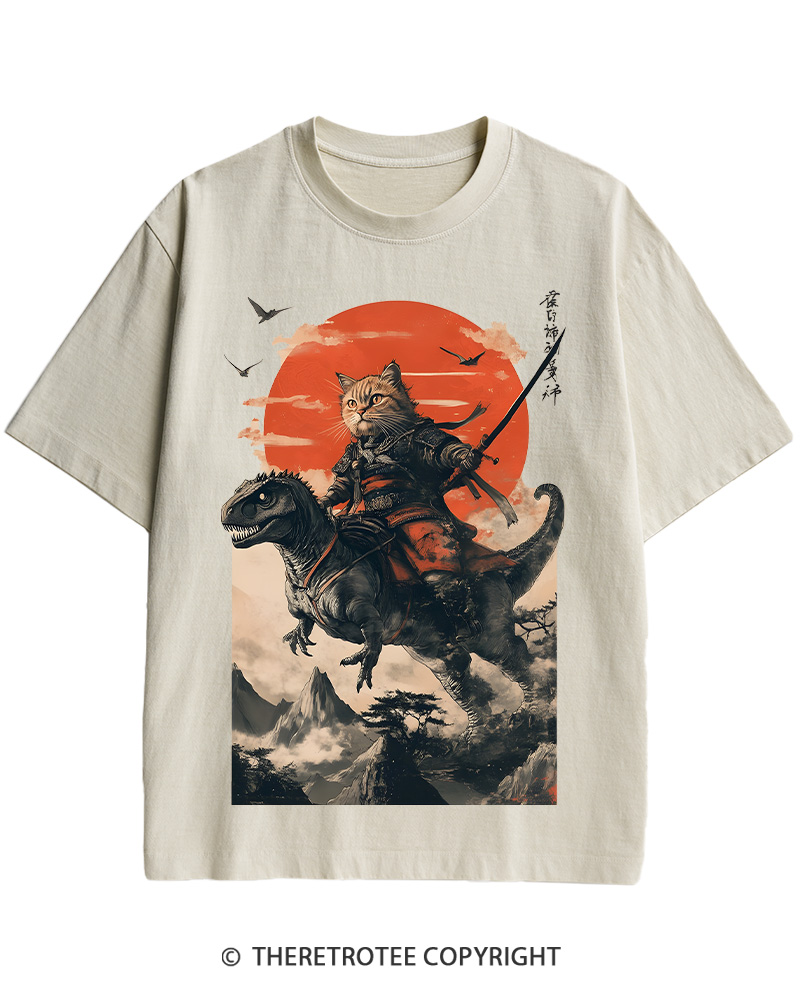 TheRetroTee Samurai Cat Riding A Dinosaur 2010s Cotton T-Shirt