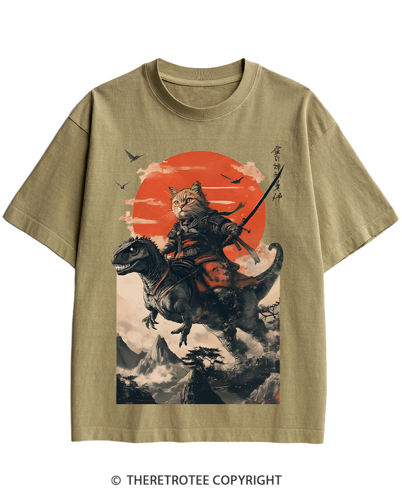 TheRetroTee Samurai Cat Riding A Dinosaur 2010s Cotton T-Shirt