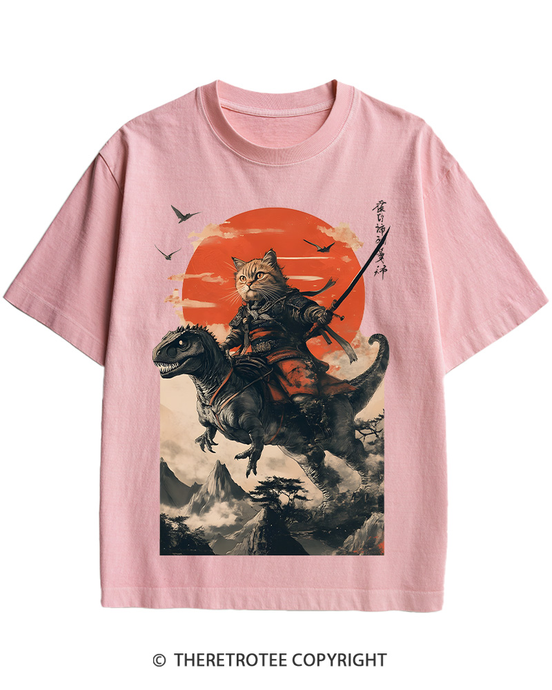 TheRetroTee Samurai Cat Riding A Dinosaur 2010s Cotton T-Shirt