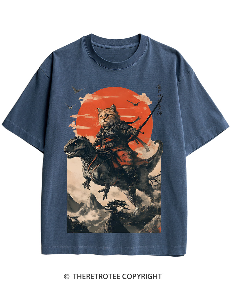 TheRetroTee Samurai Cat Riding A Dinosaur 2010s Cotton T-Shirt