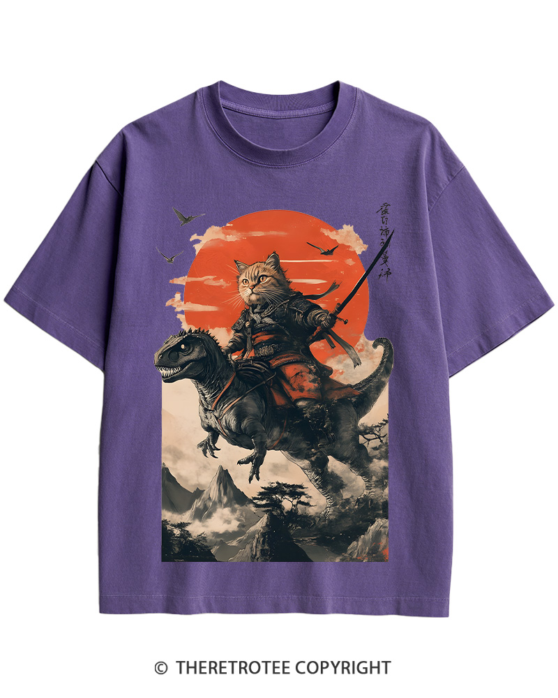 TheRetroTee Samurai Cat Riding A Dinosaur 2010s Cotton T-Shirt