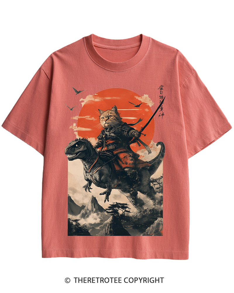 TheRetroTee Samurai Cat Riding A Dinosaur 2010s Cotton T-Shirt