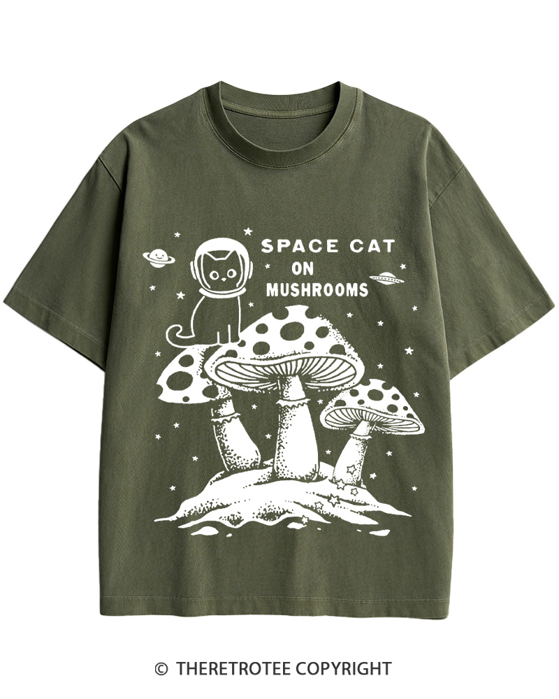TheRetroTee 2010s Space Cat Mushrooms Retro Psychedelic Cotton T-Shirt
