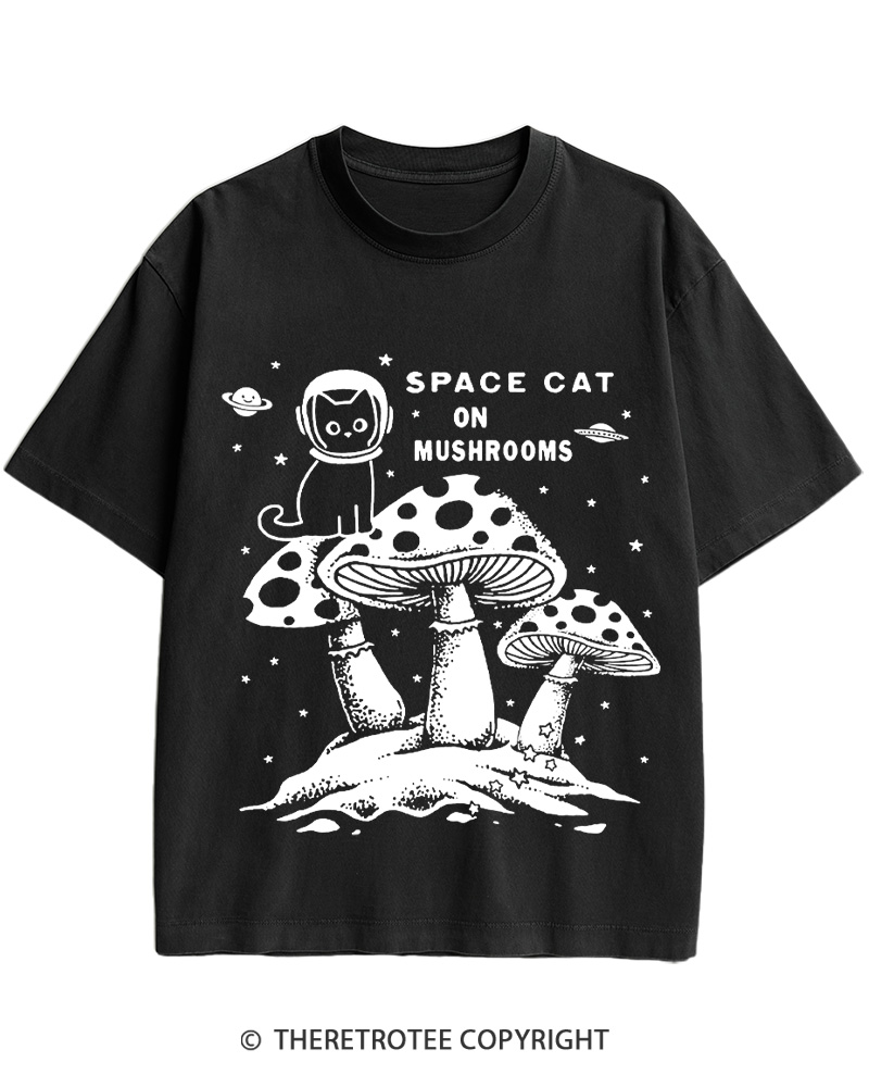 TheRetroTee 2010s Space Cat Mushrooms Retro Psychedelic Cotton T-Shirt