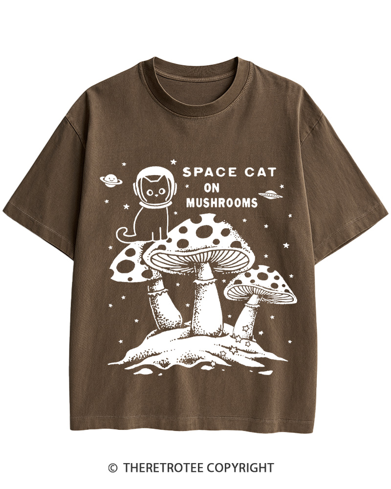 TheRetroTee 2010s Space Cat Mushrooms Retro Psychedelic Cotton T-Shirt