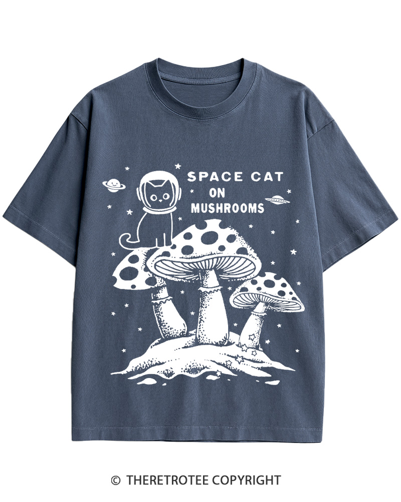 TheRetroTee 2010s Space Cat Mushrooms Retro Psychedelic Cotton T-Shirt