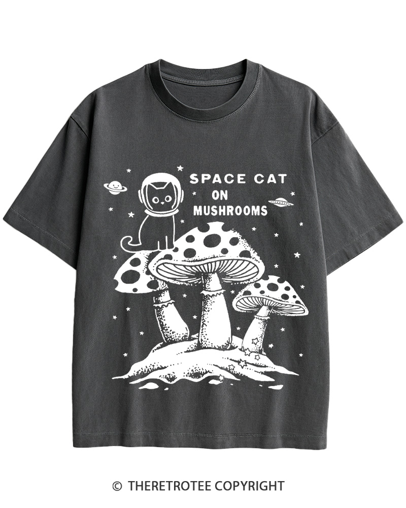 TheRetroTee 2010s Space Cat Mushrooms Retro Psychedelic Cotton T-Shirt