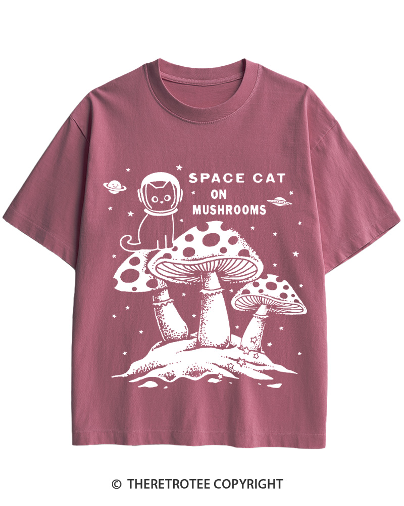 TheRetroTee 2010s Space Cat Mushrooms Retro Psychedelic Cotton T-Shirt