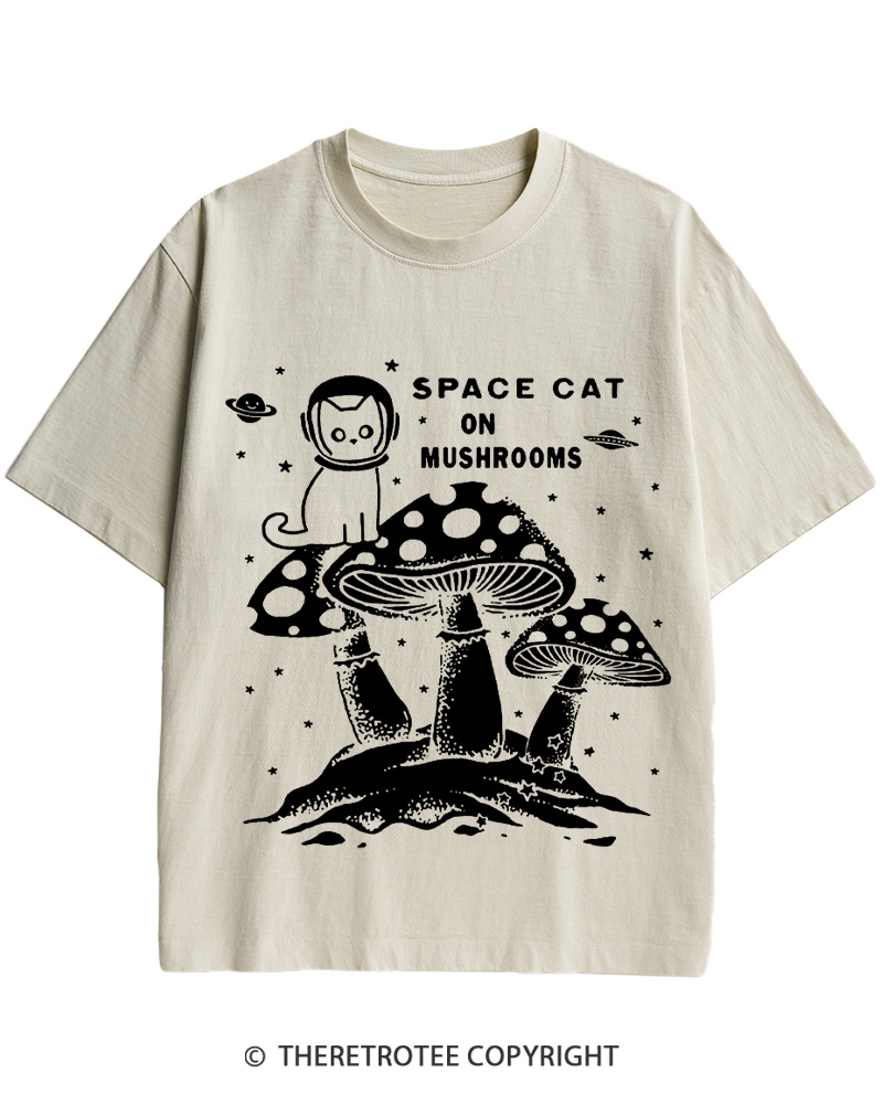 TheRetroTee 2010s Space Cat Mushrooms Retro Psychedelic Cotton T-Shirt