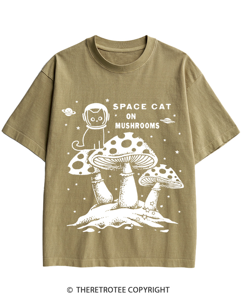 TheRetroTee 2010s Space Cat Mushrooms Retro Psychedelic Cotton T-Shirt