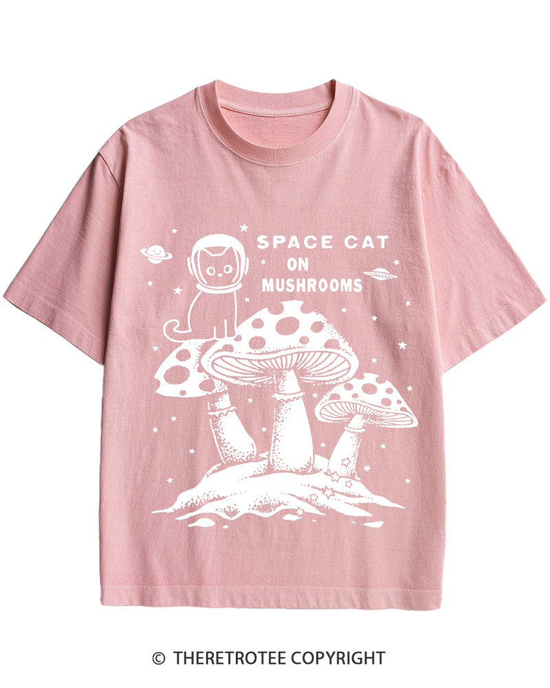 TheRetroTee 2010s Space Cat Mushrooms Retro Psychedelic Cotton T-Shirt