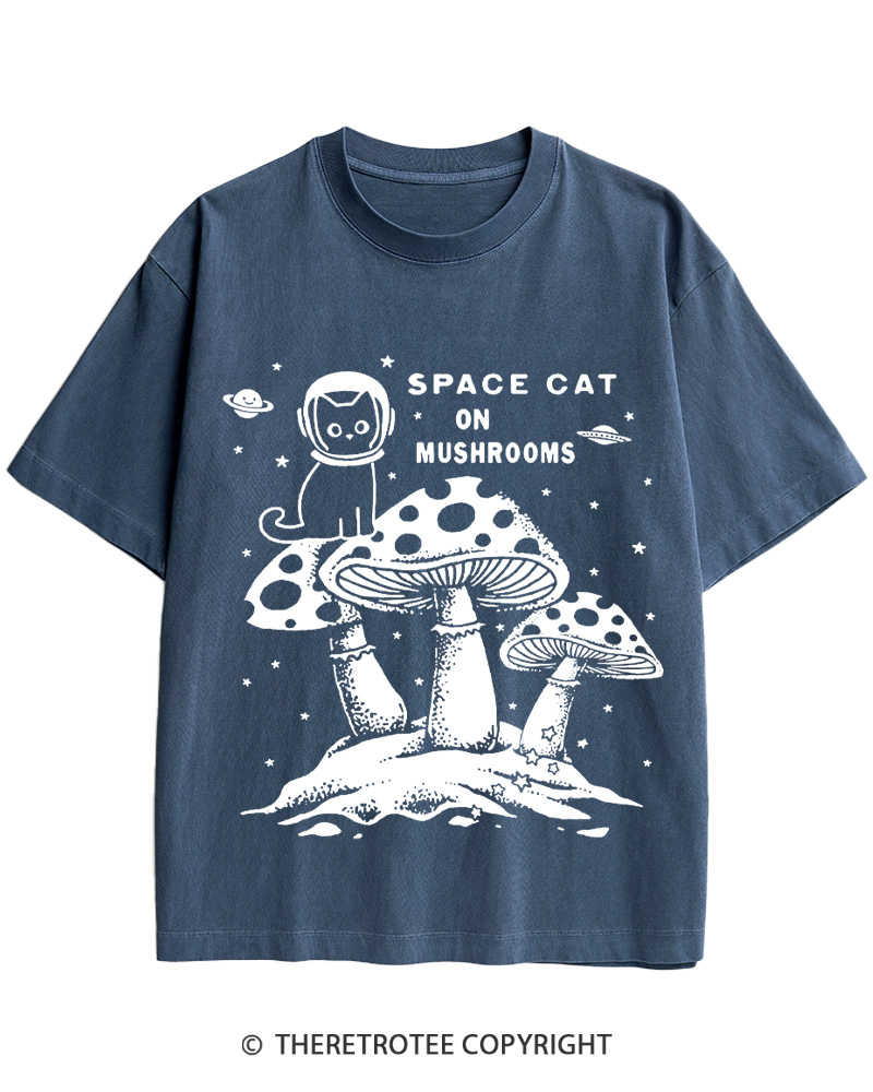TheRetroTee 2010s Space Cat Mushrooms Retro Psychedelic Cotton T-Shirt