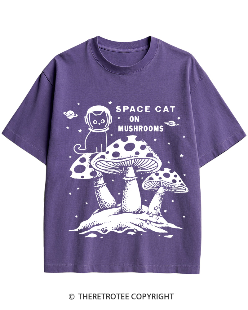 TheRetroTee 2010s Space Cat Mushrooms Retro Psychedelic Cotton T-Shirt