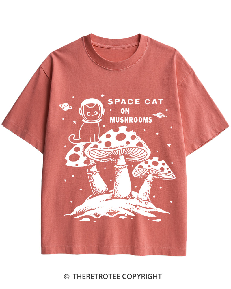 TheRetroTee 2010s Space Cat Mushrooms Retro Psychedelic Cotton T-Shirt