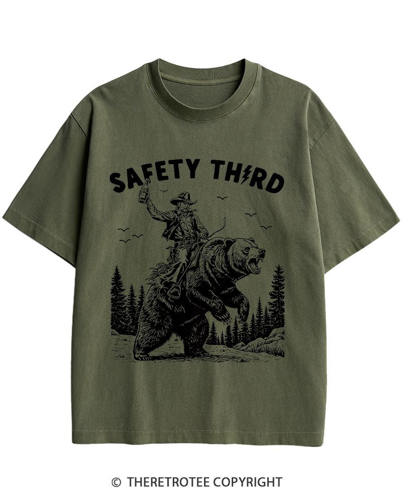 TheRetroTee Safety Third Grizzly Bear Heavy Cotton T-Shirt