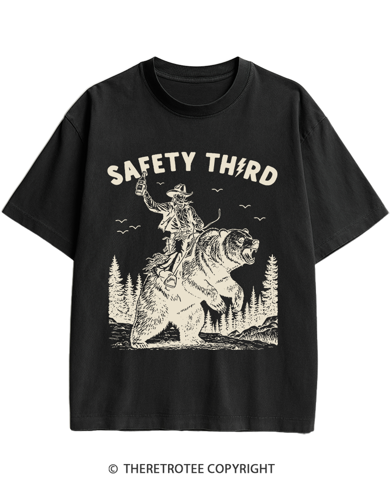 TheRetroTee Safety Third Grizzly Bear Heavy Cotton T-Shirt