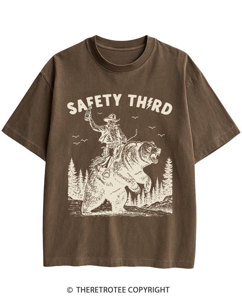 TheRetroTee Safety Third Grizzly Bear Heavy Cotton T-Shirt