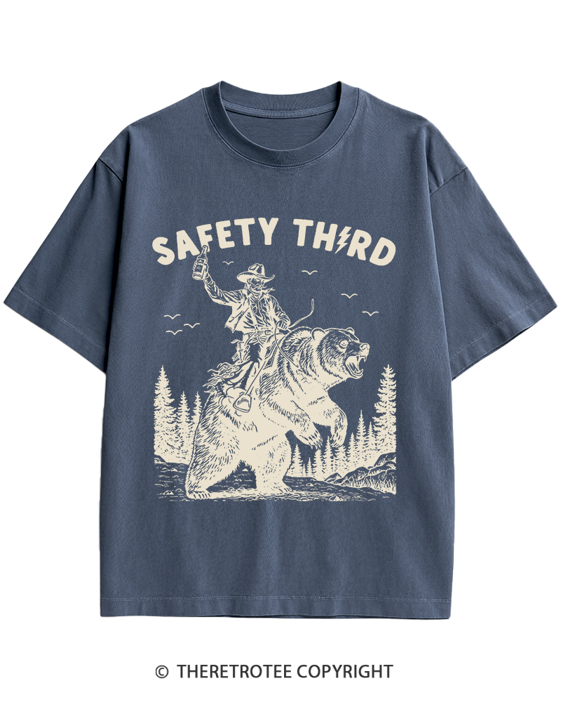 TheRetroTee Safety Third Grizzly Bear Heavy Cotton T-Shirt
