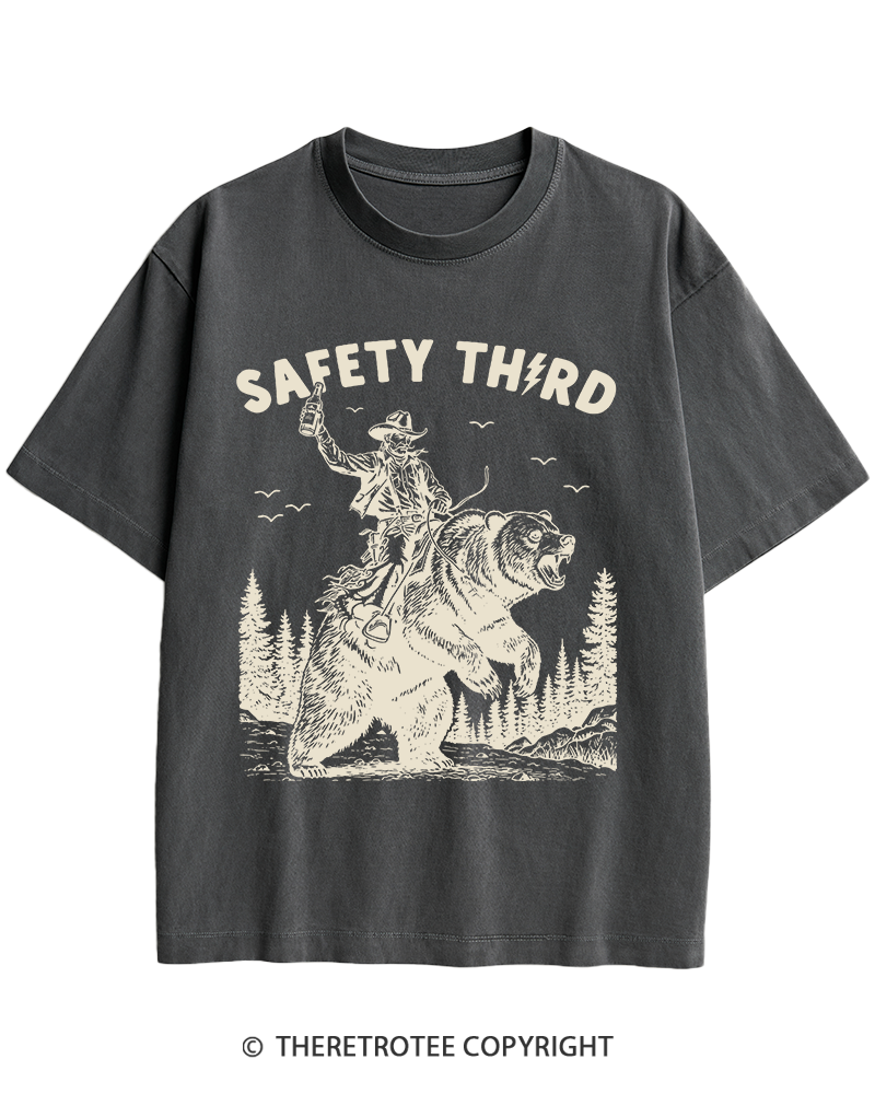 TheRetroTee Safety Third Grizzly Bear Heavy Cotton T-Shirt