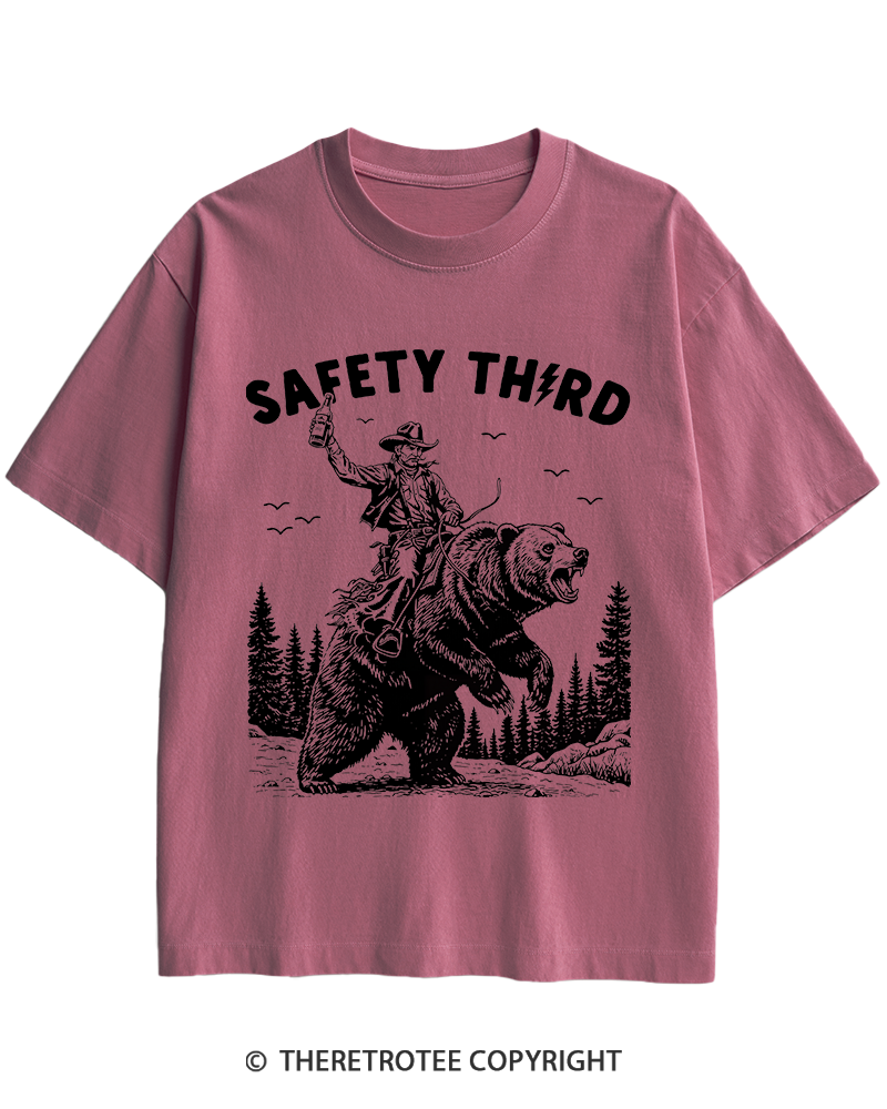 TheRetroTee Safety Third Grizzly Bear Heavy Cotton T-Shirt