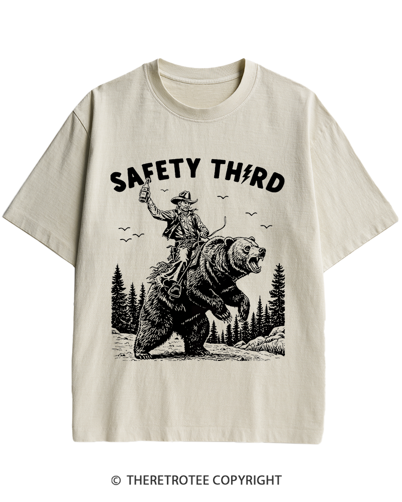 TheRetroTee Safety Third Grizzly Bear Heavy Cotton T-Shirt