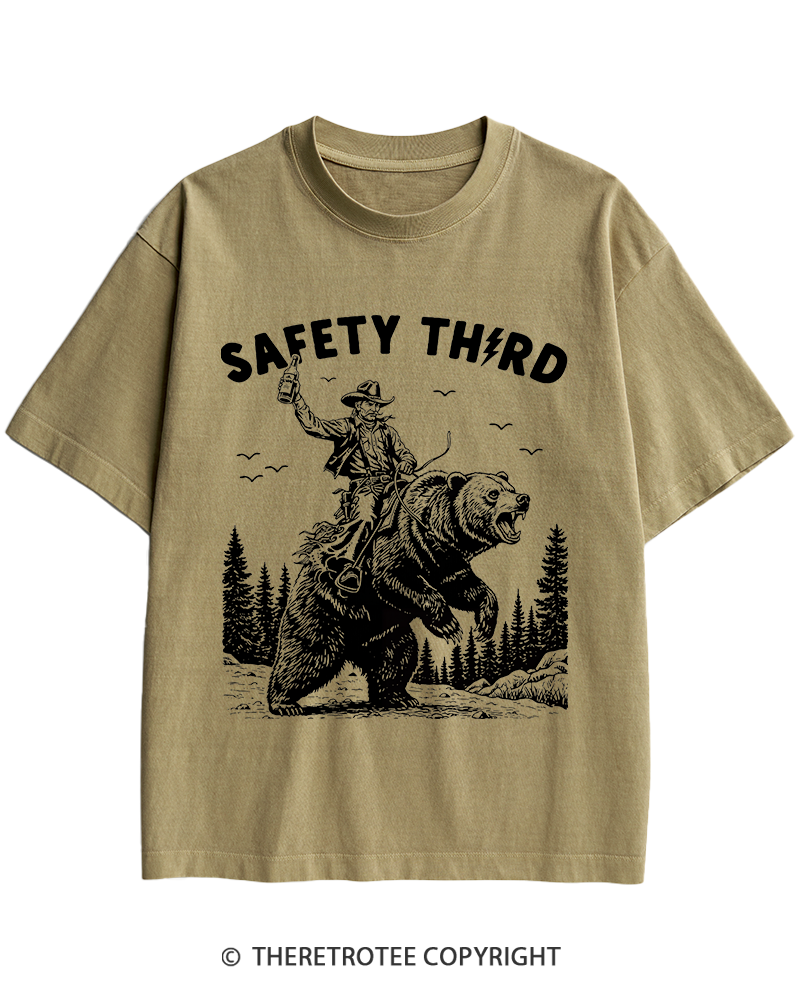 TheRetroTee Safety Third Grizzly Bear Heavy Cotton T-Shirt