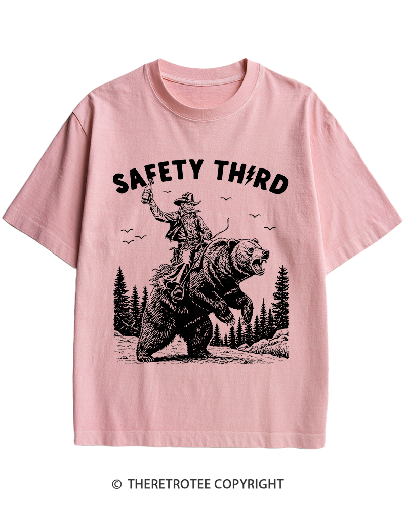 TheRetroTee Safety Third Grizzly Bear Heavy Cotton T-Shirt