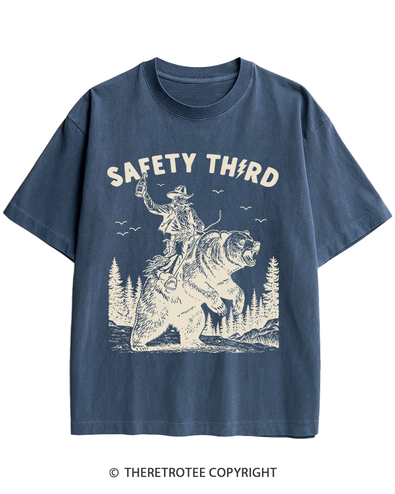 TheRetroTee Safety Third Grizzly Bear Heavy Cotton T-Shirt