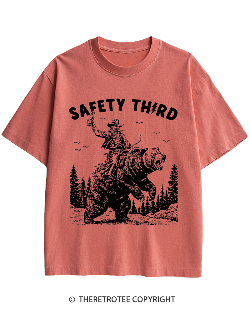 TheRetroTee Safety Third Grizzly Bear Heavy Cotton T-Shirt
