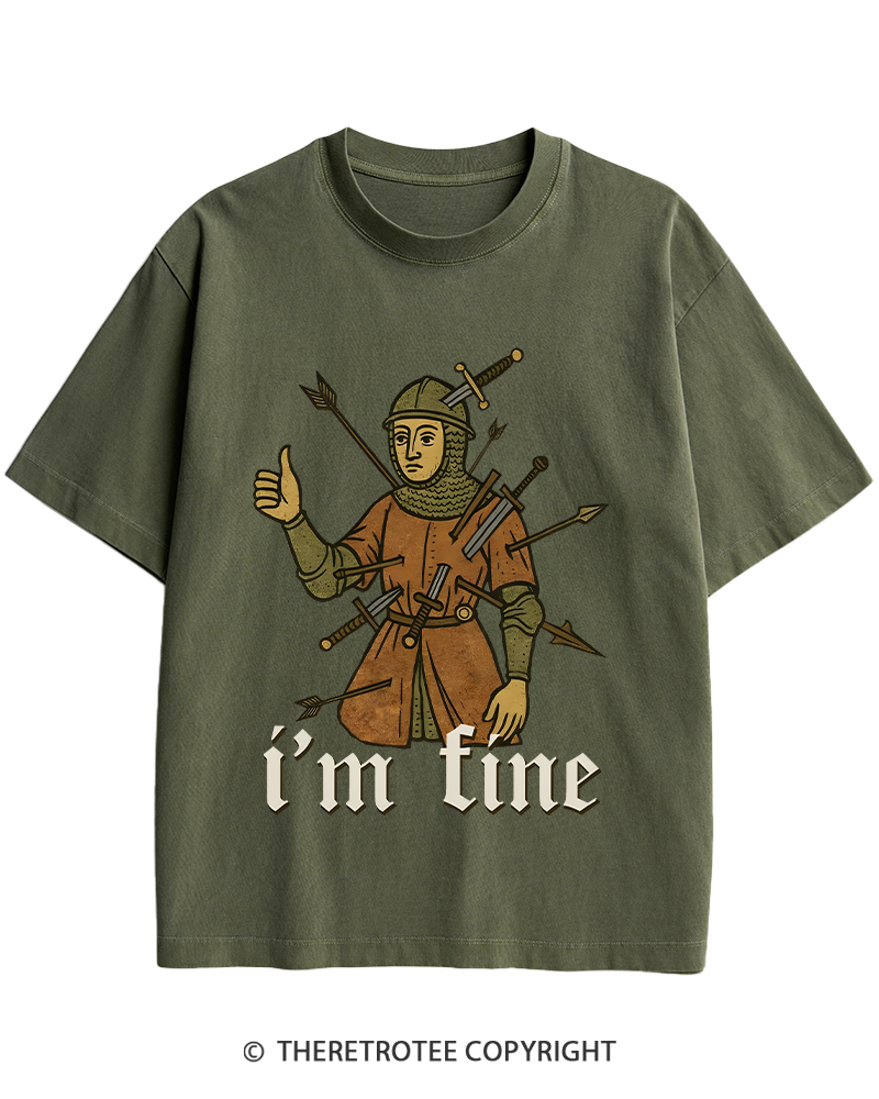 TheRetroTee Medieval Knight I’m Fine 1970s Heavy Cotton T-Shirt