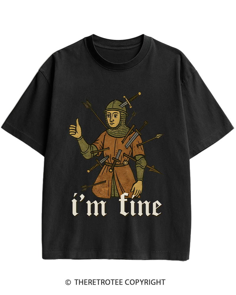 TheRetroTee Medieval Knight I’m Fine 1970s Heavy Cotton T-Shirt