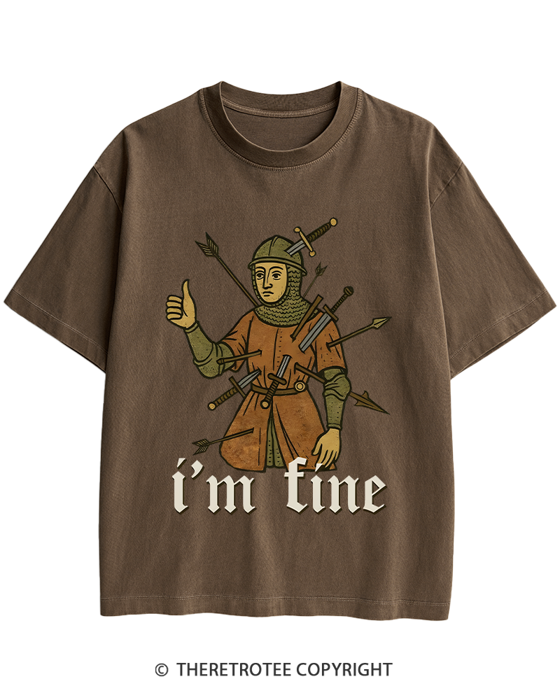 TheRetroTee Medieval Knight I’m Fine 1970s Heavy Cotton T-Shirt