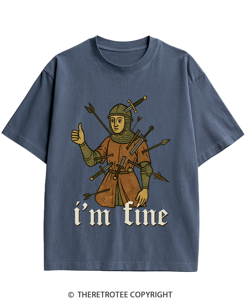 TheRetroTee Medieval Knight I’m Fine 1970s Heavy Cotton T-Shirt