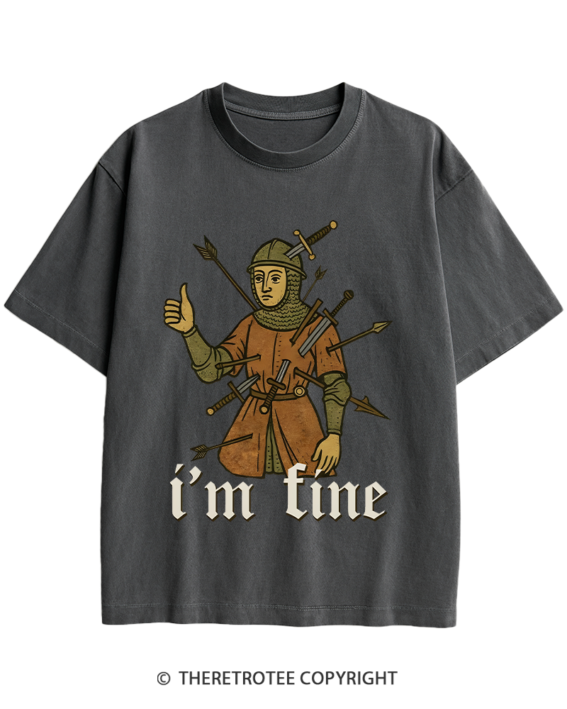 TheRetroTee Medieval Knight I’m Fine 1970s Heavy Cotton T-Shirt