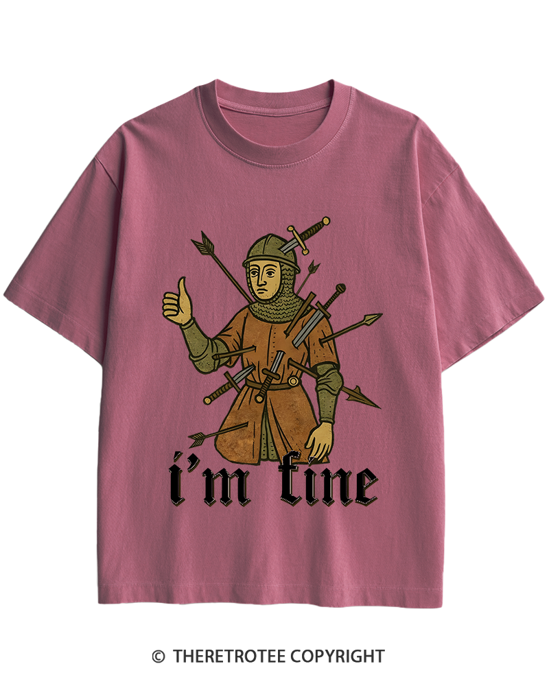 TheRetroTee Medieval Knight I’m Fine 1970s Heavy Cotton T-Shirt