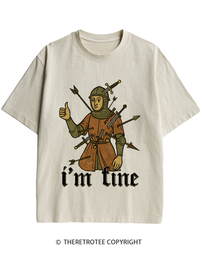 TheRetroTee Medieval Knight I’m Fine 1970s Heavy Cotton T-Shirt