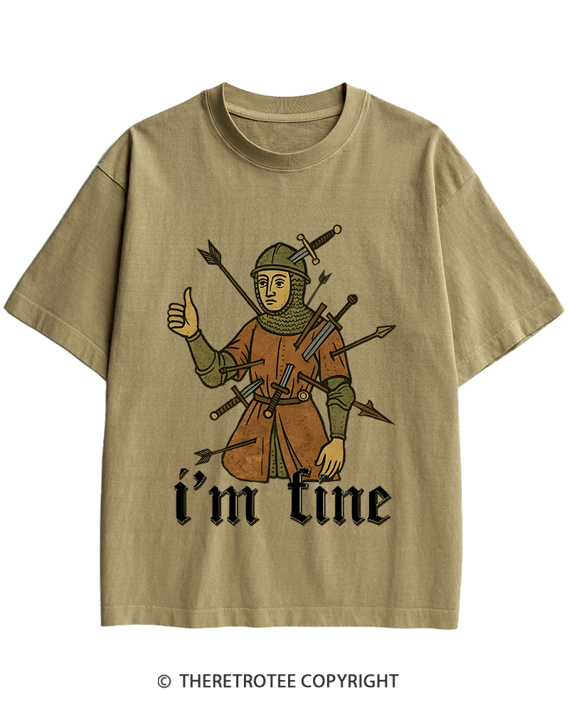 TheRetroTee Medieval Knight I’m Fine 1970s Heavy Cotton T-Shirt
