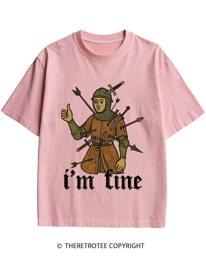 TheRetroTee Medieval Knight I’m Fine 1970s Heavy Cotton T-Shirt