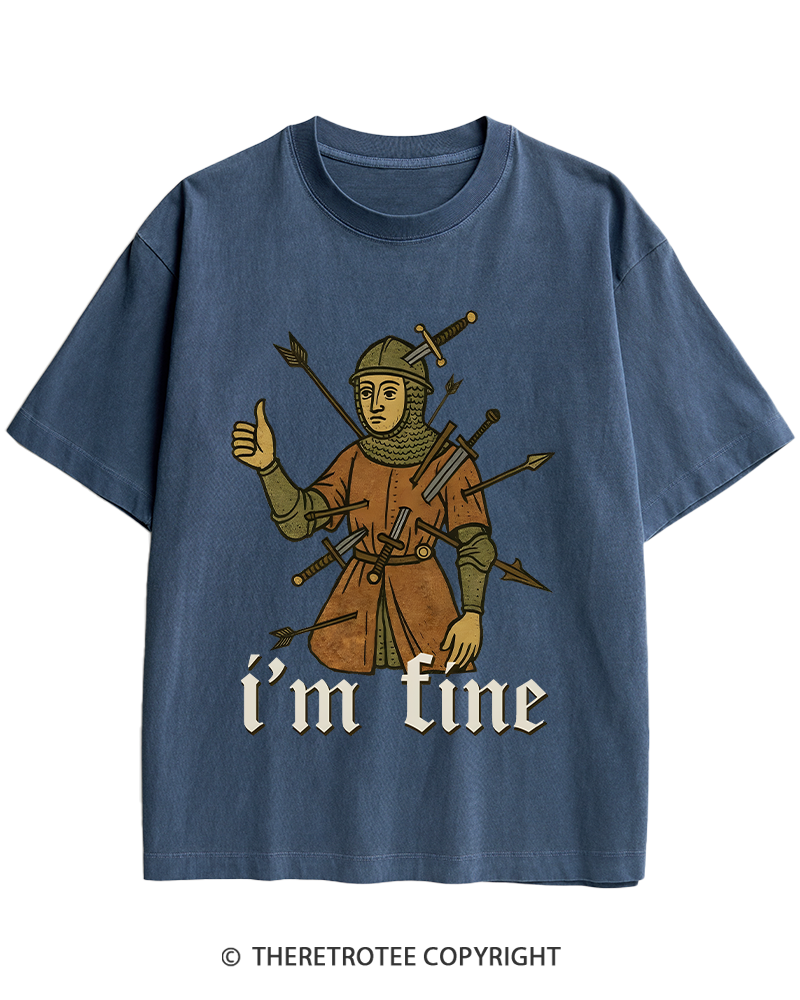 TheRetroTee Medieval Knight I’m Fine 1970s Heavy Cotton T-Shirt