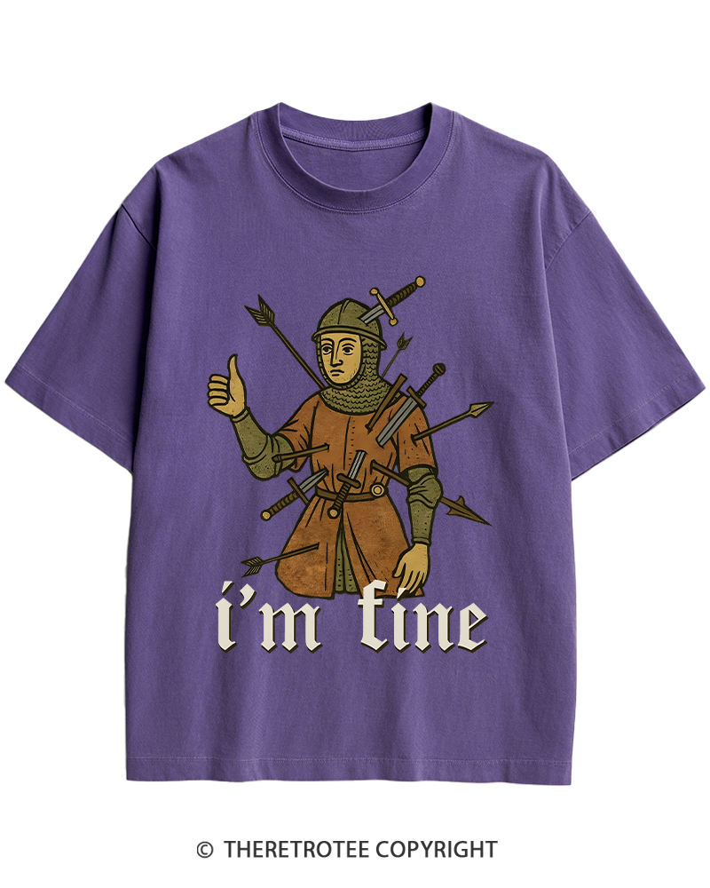 TheRetroTee Medieval Knight I’m Fine 1970s Heavy Cotton T-Shirt