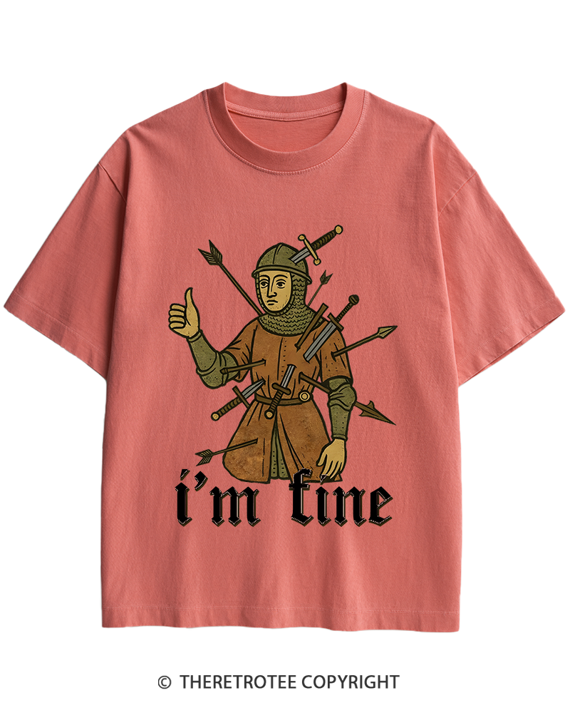TheRetroTee Medieval Knight I’m Fine 1970s Heavy Cotton T-Shirt