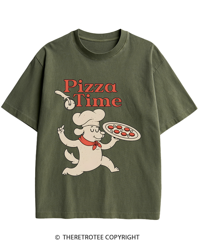 TheRetroTee Happy Dog Pizza Time 1970s Heavy Cotton T-Shirt