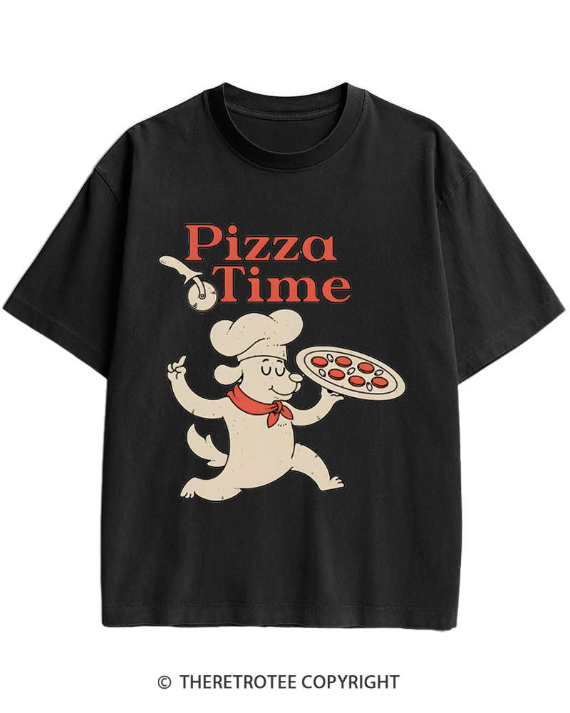TheRetroTee Happy Dog Pizza Time 1970s Heavy Cotton T-Shirt