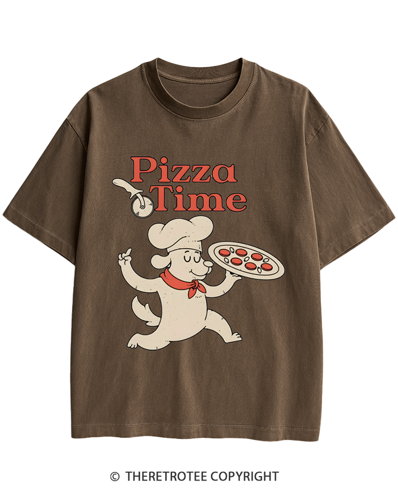 TheRetroTee Happy Dog Pizza Time 1970s Heavy Cotton T-Shirt